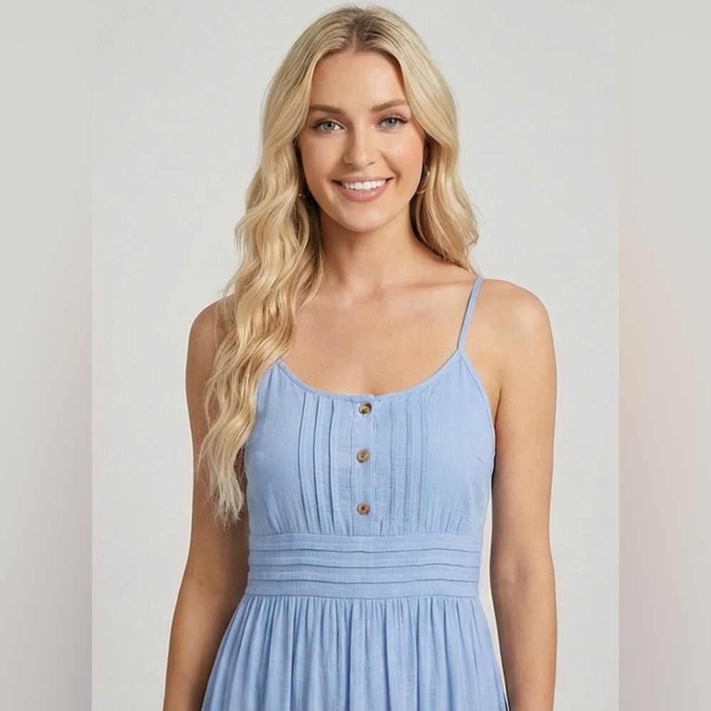LAST ONE 🔥 Boho Shirred Ruffle Lace Hem Maxi Dress Blue - Picture 2 of 8